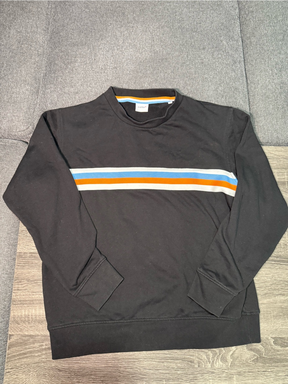 Celio* Black Crewneck Sweater with Blue, Orange and White Chest Stripes - Picture 3 of 15